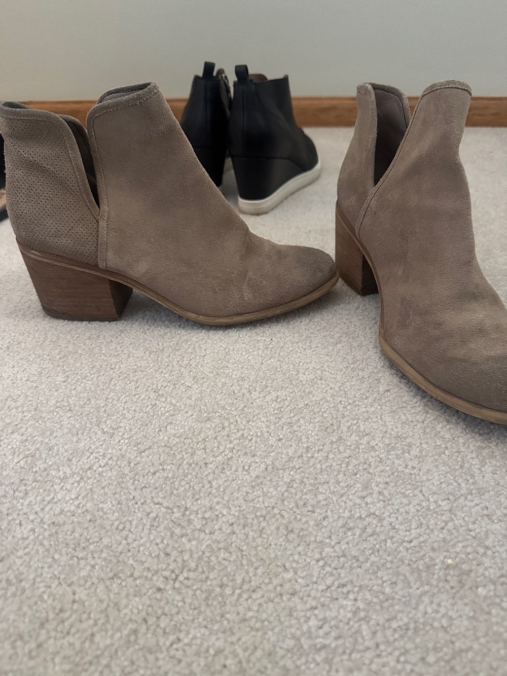 hinge Taupe Suede Ankle Booties with Stacked Heel